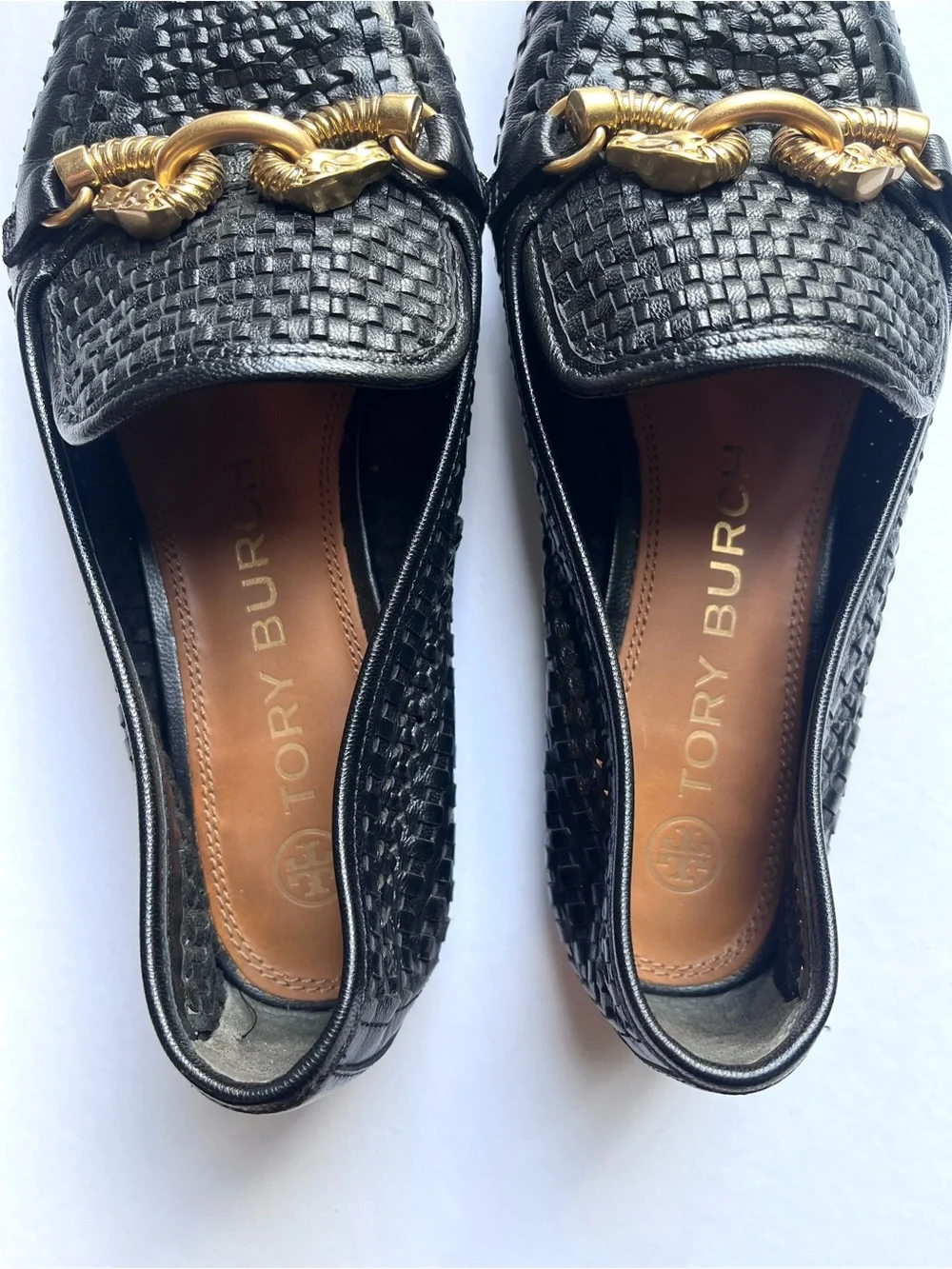 Tory Burch Women’s Jessa Woven Loafer Sz 7.5 Black Goat Leather Gold Horse